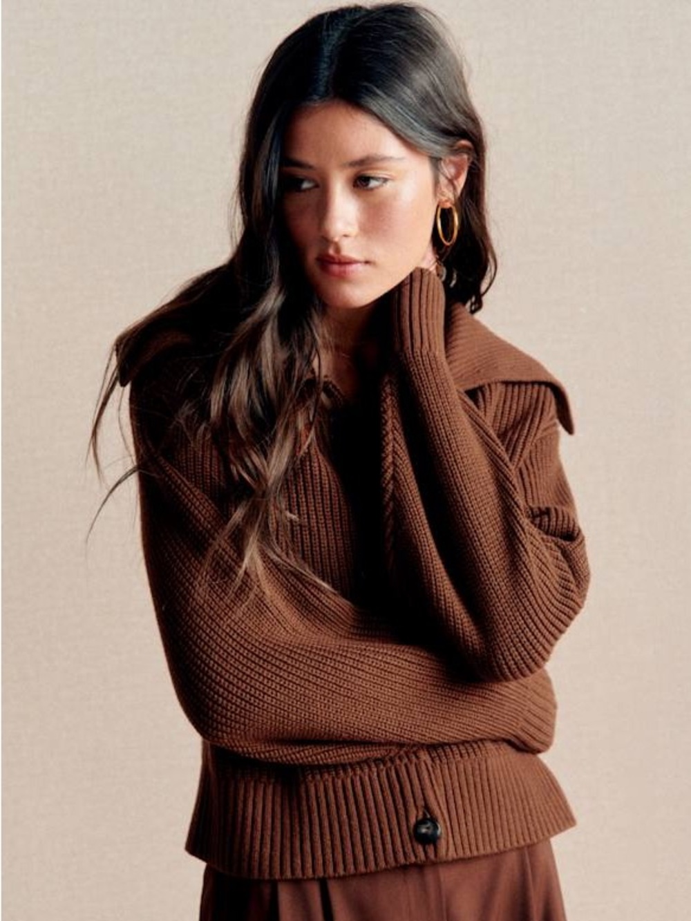 Sézane Tim Cardigan in Chestnut Brown - Picture 2 of 7